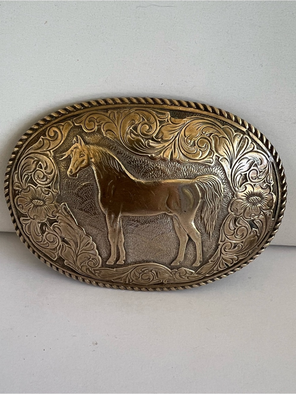 Vintage Crumine Gold Filigree horse Belt buckle 4”